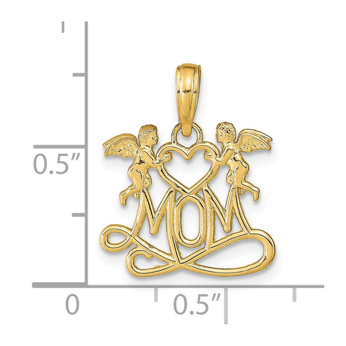 Million Charms 14K Yellow Gold Themed Polished Mom With Heart & Angels Pendant