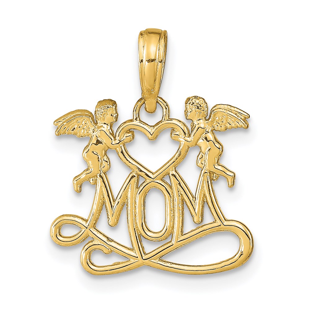 Million Charms 14K Yellow Gold Themed Polished Mom With Heart & Angels Pendant