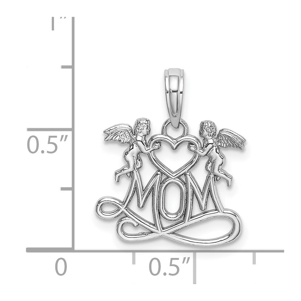 Million Charms 14K White Gold Themed Mom With 2 Angels Holding Heart Charm