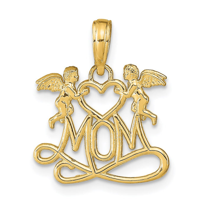 Million Charms 14K Yellow Gold Themed Polished Mom With Heart & Angels Pendant