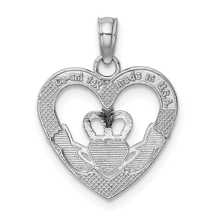 Million Charms 14K White Gold Themed Polished & Textured Heart Claddagh Charm