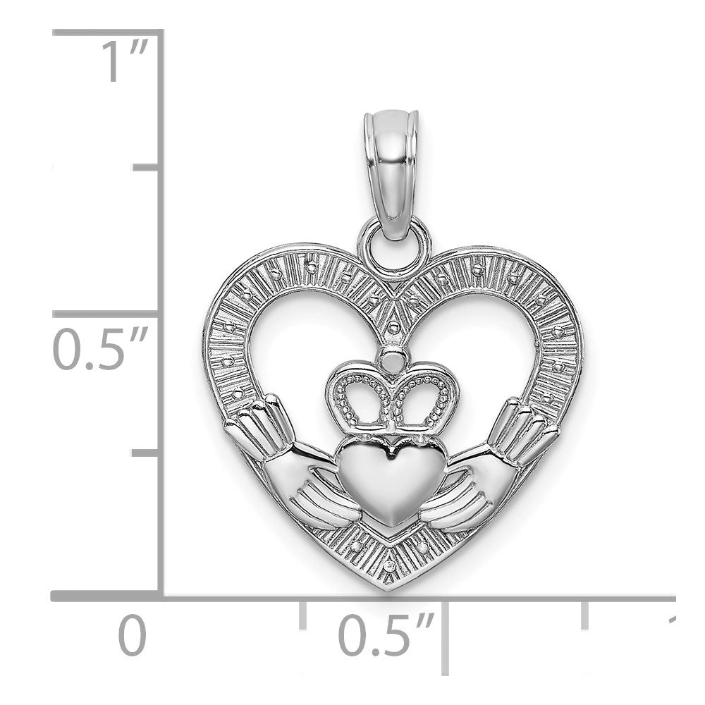 Million Charms 14K White Gold Themed Polished & Textured Heart Claddagh Charm
