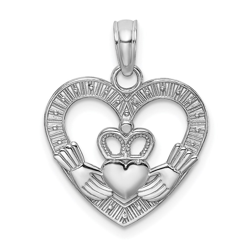 Million Charms 14K White Gold Themed Polished & Textured Heart Claddagh Charm