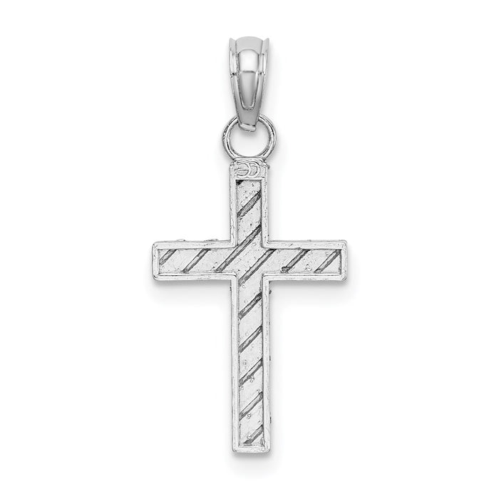 Million Charms 14K White Gold Themed Diamond-Cut Relgious Cross Pendant