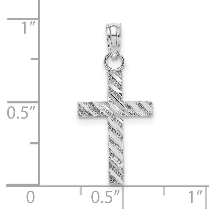 Million Charms 14K White Gold Themed Diamond-Cut Relgious Cross Pendant