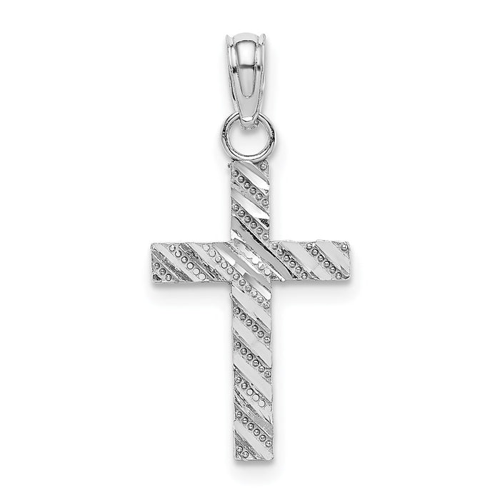 Million Charms 14K White Gold Themed Diamond-Cut Relgious Cross Pendant