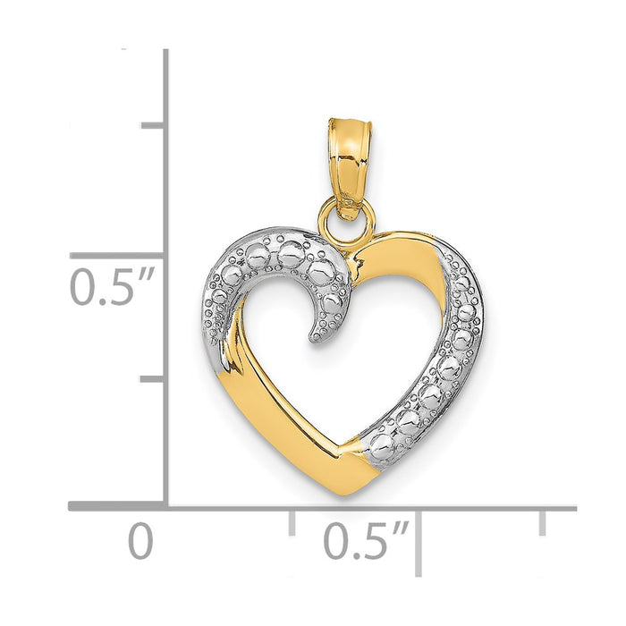 Million Charms 14K Yellow Gold Themed With Rhodium-plated Polished & Textured Heart Pendant
