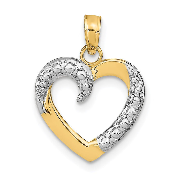 Million Charms 14K Yellow Gold Themed With Rhodium-plated Polished & Textured Heart Pendant