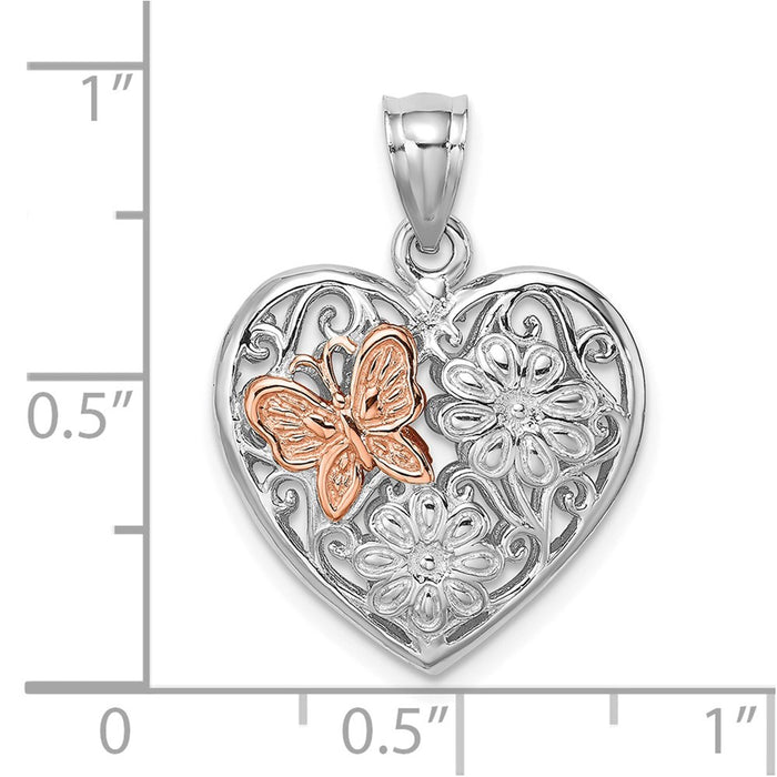 Million Charms 14K White & Rose Gold Themed 3-D Heart With Butterfly Reversible Charm