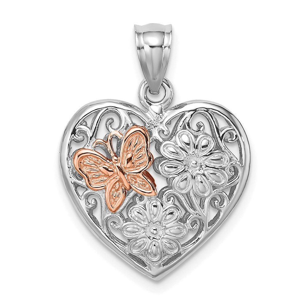 Million Charms 14K White & Rose Gold Themed 3-D Heart With Butterfly Reversible Charm