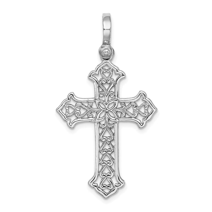Million Charms 14K White Gold Themed With Fancy Cut-Out Design Relgious Cross Charm