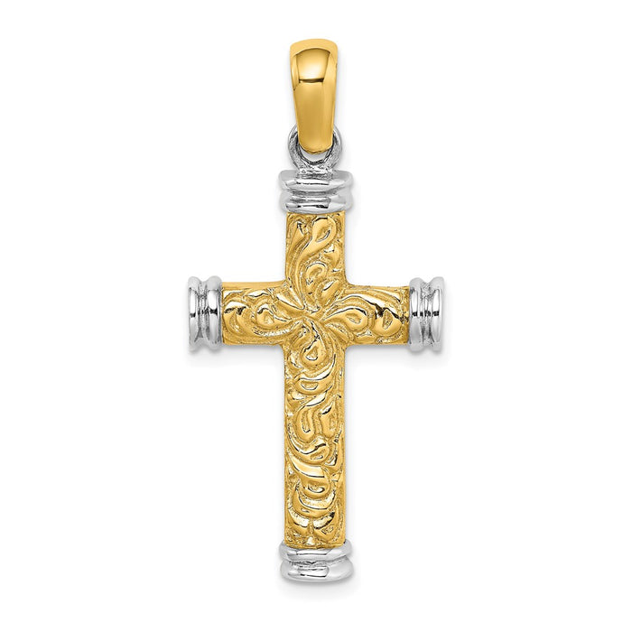 Million Charms 14K With Rhodium-Plated Scroll & Double Endcaps Relgious Cross Charm