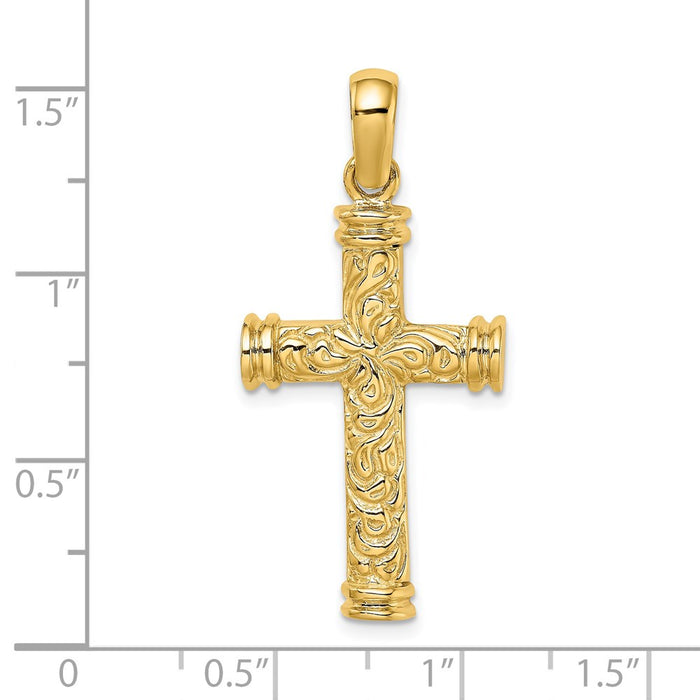 Million Charms 14K Yellow Gold Themed Scroll & Double Endcaps Relgious Cross Charm