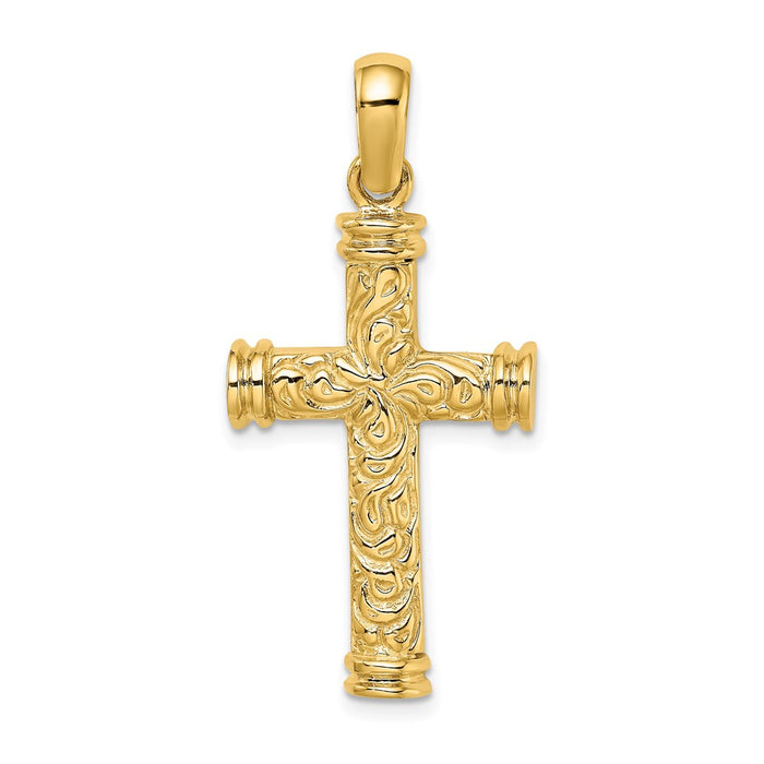 Million Charms 14K Yellow Gold Themed Scroll & Double Endcaps Relgious Cross Charm