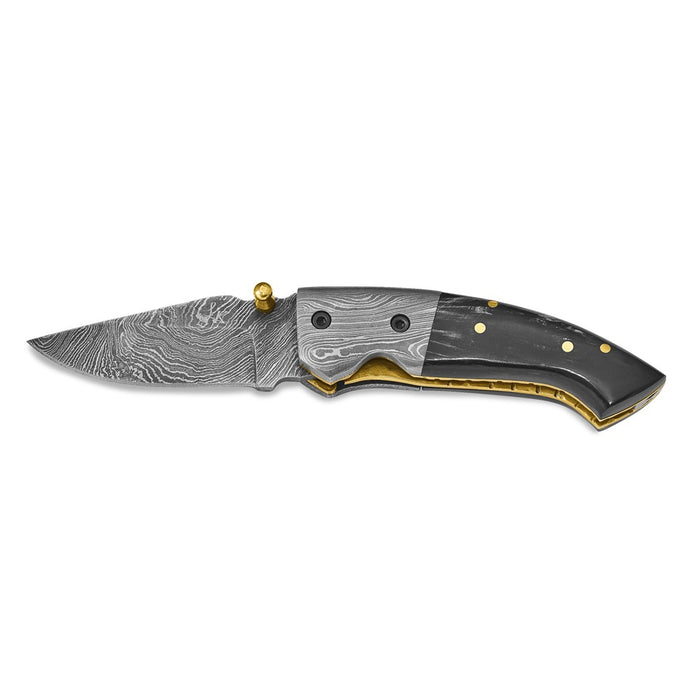 Damascus Steel 256 Layer Folding Blade Steel Guard Buffalo Horn Handle Knife