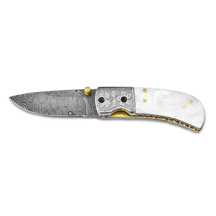 Damascus Steel 256 Layer Folding Blade Mother of Pearl Handle Knife
