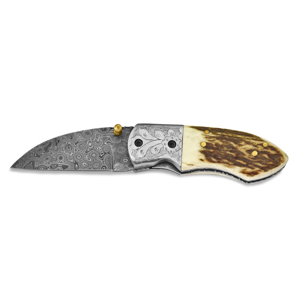 Damascus Steel 256 Layer Folding Blade Steel Guard Staghorn Handle Knife