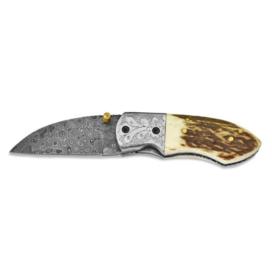Damascus Steel 256 Layer Folding Blade Steel Guard Staghorn Handle Knife