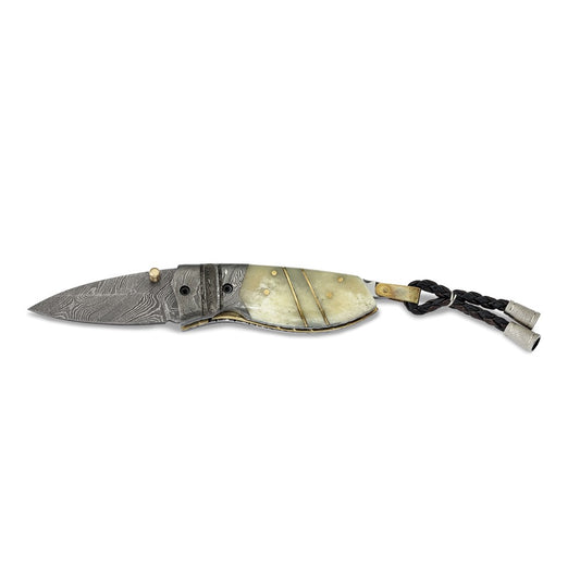 Damascus Steel 256 Layer Folding Blade Steel Guard Camel Bone Handle Knife