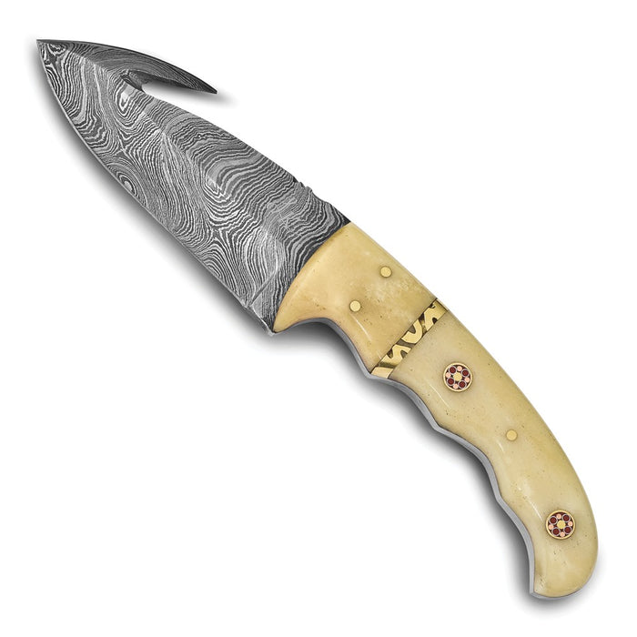 Damascus Steel 256 Layer Fixed Blade with Gut Hook Camel Bone Handle Knife