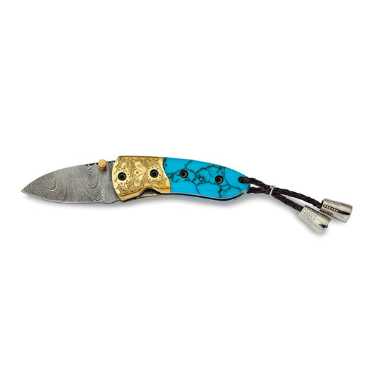Damascus Steel 256 Layer Folding Blade Compressed Turquoise Handle Knife