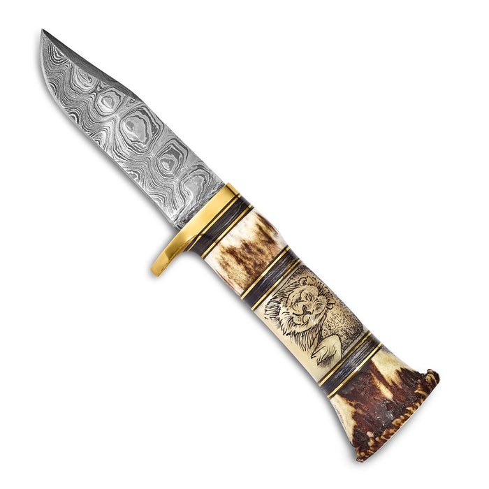 Damascus Steel 256 Layer Fixed Blade Lion & Elephant Scrimshaw Handle Knife