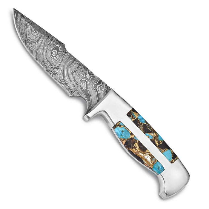 Damascus Steel 256 Layer Fixed Blade Turquoise/AbaloneShell/Obsidian Handle