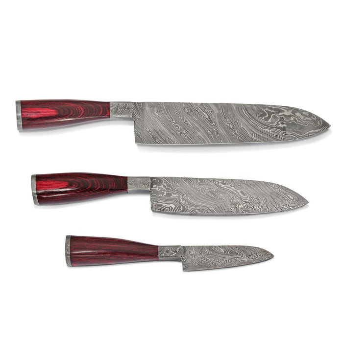 Set of 3, Damascus Steel 256 Layer Fixed Blade Pakka Wood Handle Knives