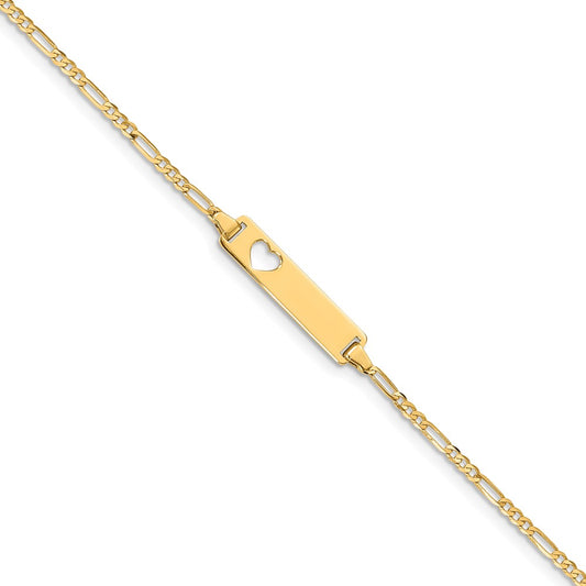 Million Charms 14k Yellow Gold Figaro Link ID, Plate with Cut-out Heart Bracelet, Chain Length: 7 inches