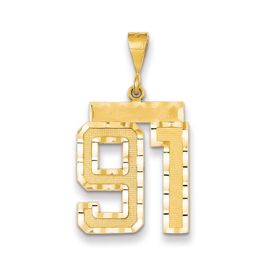 Dije de número 91 grande con corte de diamante, diseño temático de Million Charms en oro amarillo de 14K