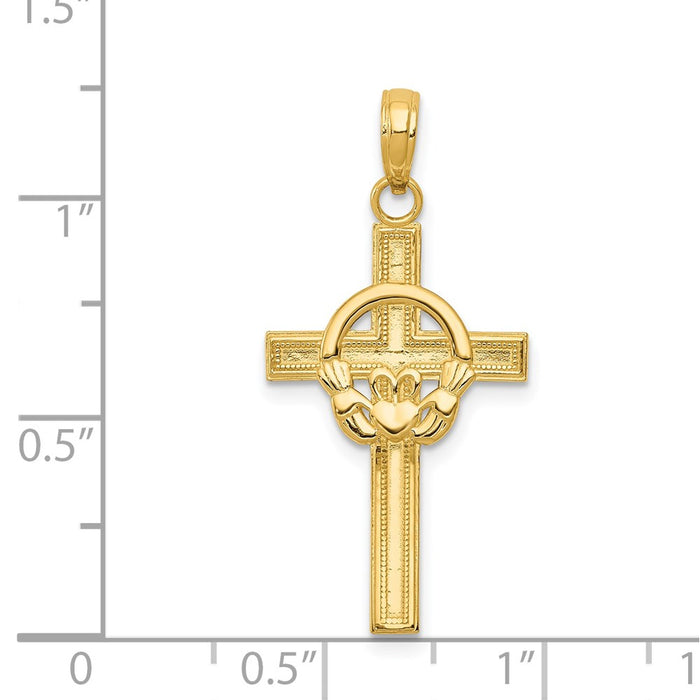 Million Charms 14K Yellow Gold Themed Polished Claddagh Relgious Cross Pendant