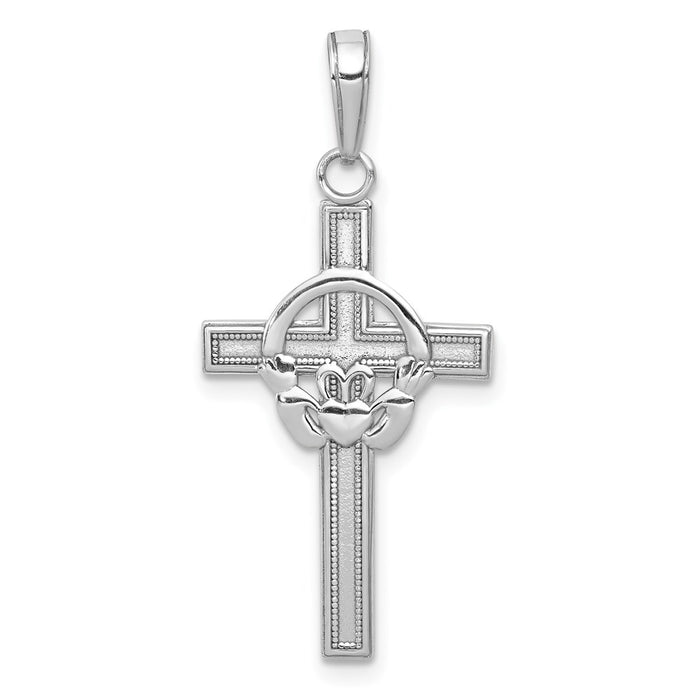 Million Charms 14K White Gold Themed Polished Claddagh Relgious Cross Pendant