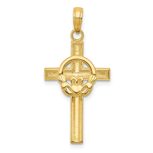Million Charms 14K Yellow Gold Themed Polished Claddagh Relgious Cross Pendant