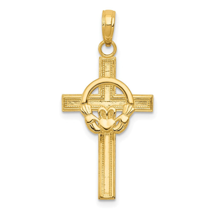 Million Charms 14K Yellow Gold Themed Polished Claddagh Relgious Cross Pendant