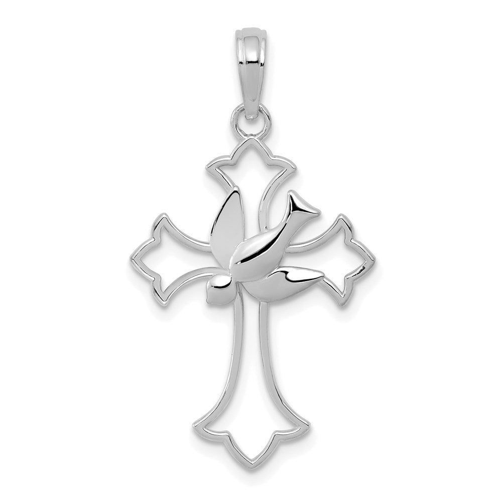 Million Charms 14K White Gold Themed Polished Relgious Cross With Dove Charm