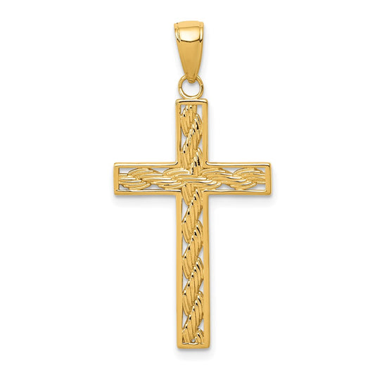Million Charms 14K Yellow Gold Themed Rope Relgious Cross Pendant