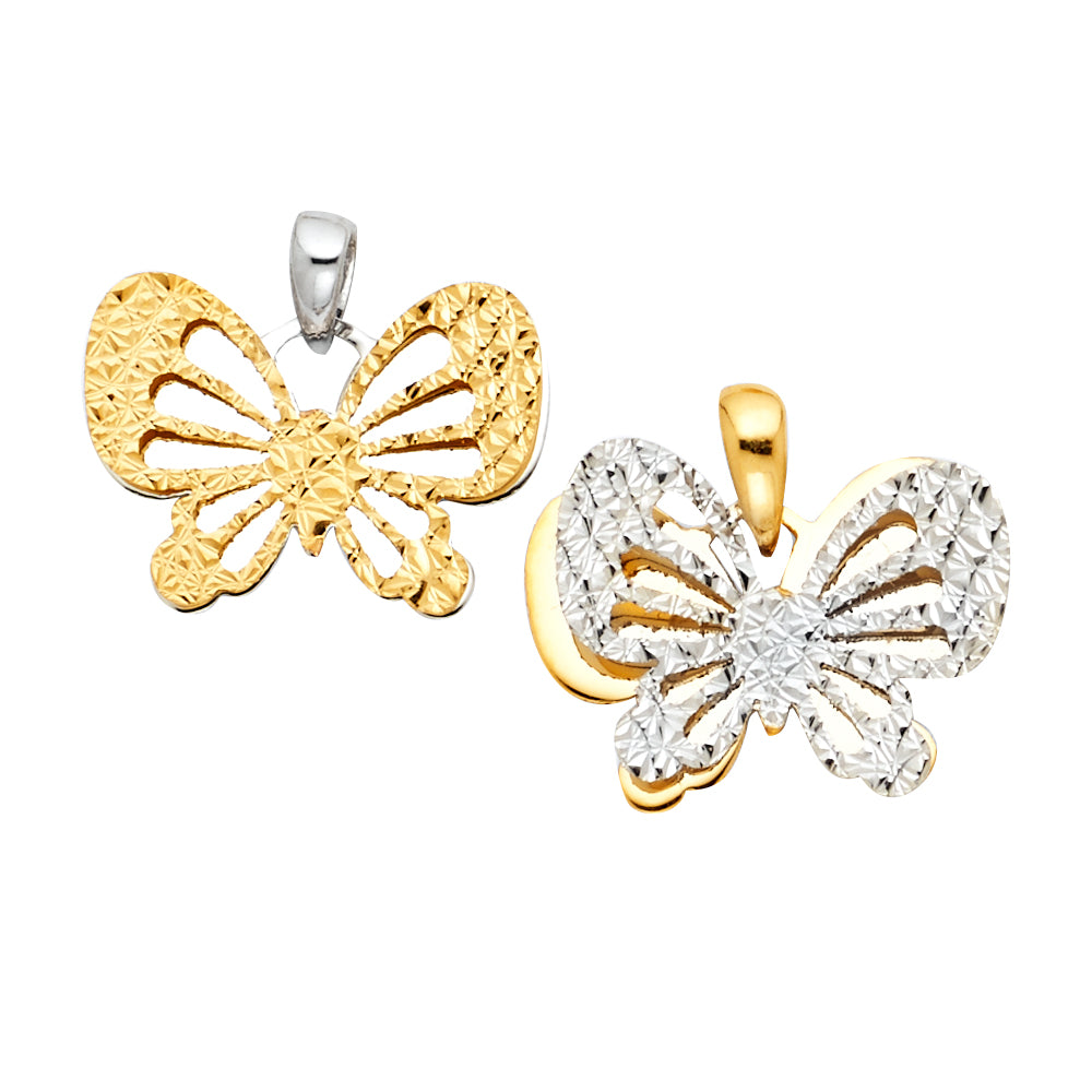 14K Two-tone Gold Butterfly Small/Mini Charm Pendant, Diamond-cut (10mm x 15mm)