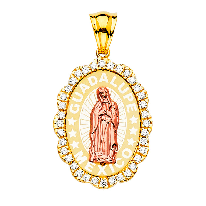 14K Two-tone Gold Large CZ Our Lady Of Guadalupe Charm Pendant  (32mm x 25mm)