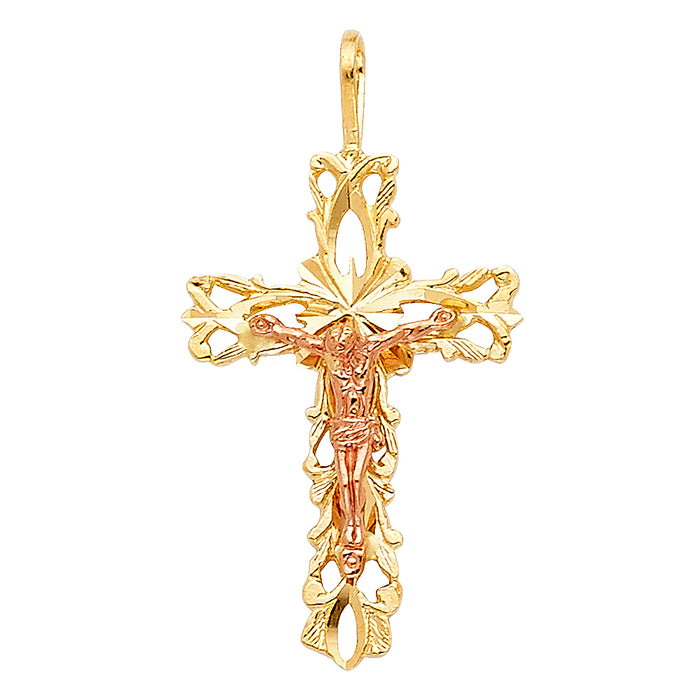 14K Two-tone Gold Religious Fancy Crucifix Charm Pendant  (27mm x 17mm)