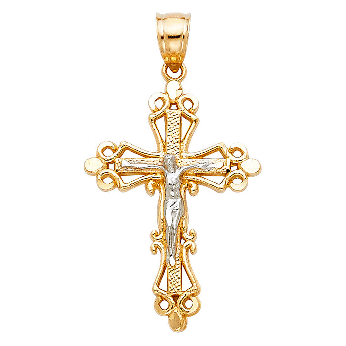 14K Two-tone Gold Religious Fancy Crucifix Charm Pendant  (28mm x 20mm)