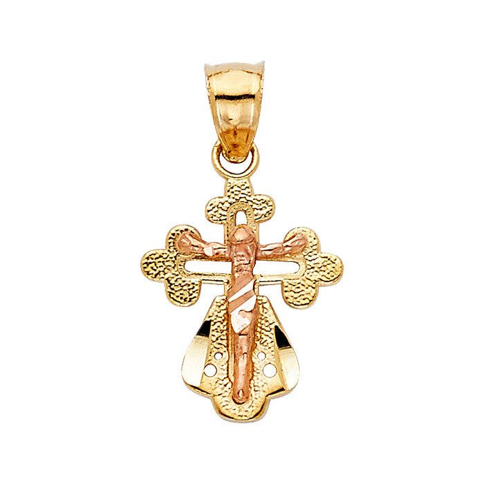 14K Two-tone Gold Small/Mini Religious Fancy Crucifix Charm Pendant  (26mm x 13mm)