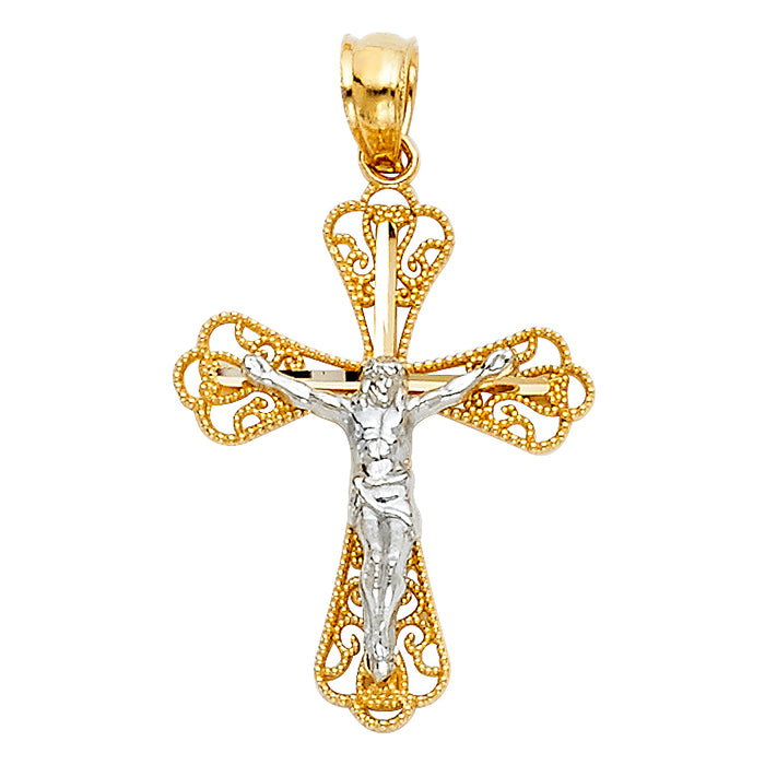 14K Two-tone Gold Small/Mini Religious Crucifix Charm Pendant  (22mm x 18mm)