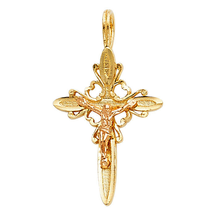 14K Two-tone Gold Small/Mini Religious Crucifix Charm Pendant  (20mm x 14mm)