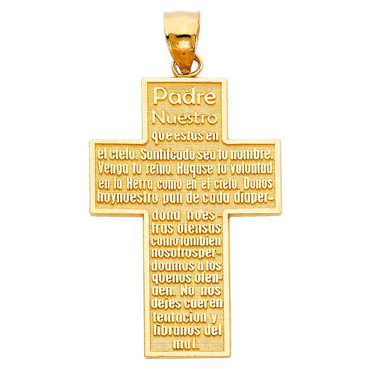 14k Yellow Gold Religious Padre Nuestro Cross Charm Pendant  (37mm x 26mm)