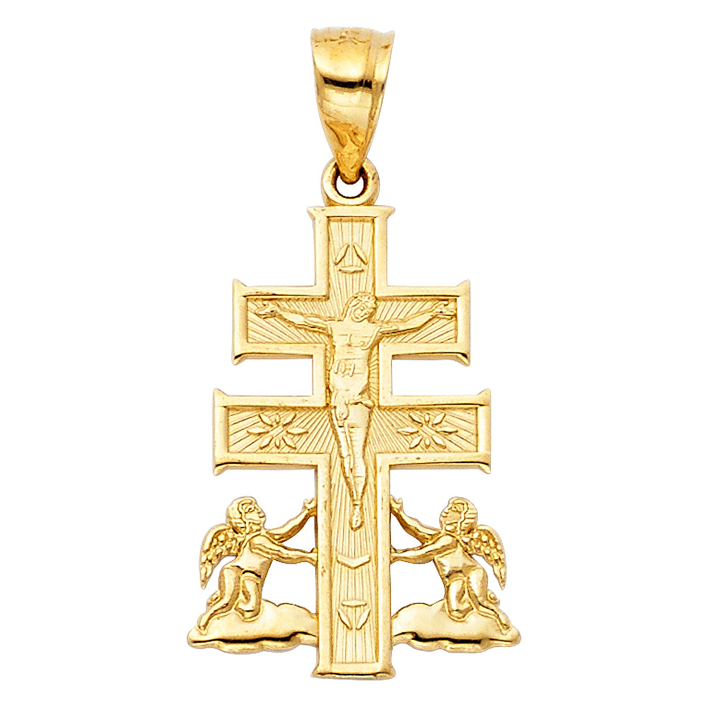 14k Yellow Gold Religious Spanish Caravaca Del La Cruz Cross  Charm Pendant  (28mm x 15mm)