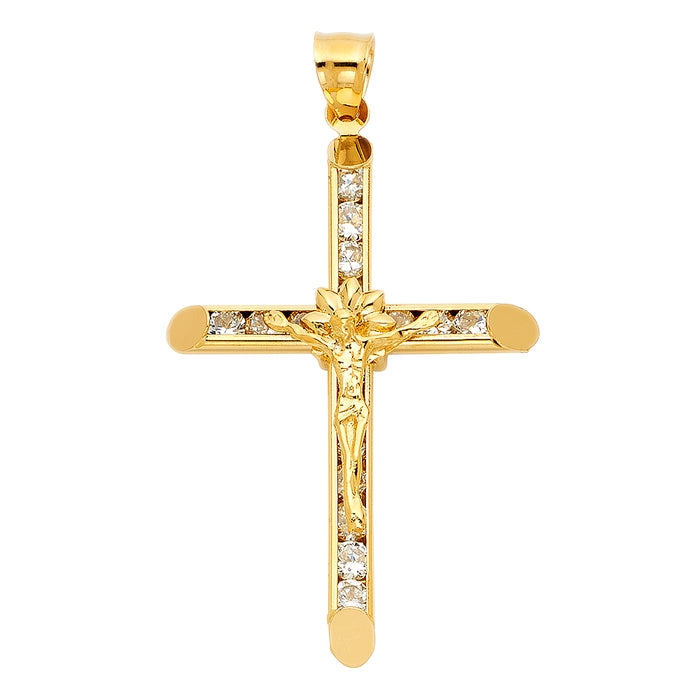 14k Yellow Gold Religious CZ Crucifix Charm Pendant  (42mm x 33mm)