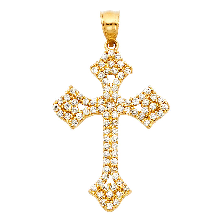 14k Yellow Gold Religious CZ Fancy Cross Charm Pendant  (36mm x 26mm)