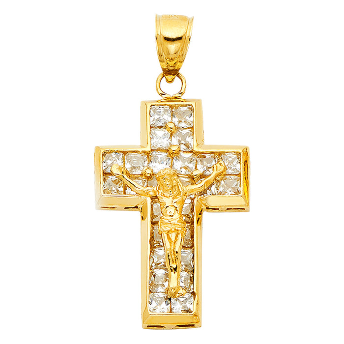 14k Yellow Gold Large Religious CZ Crucifix Charm Pendant  (31mm x 20mm)