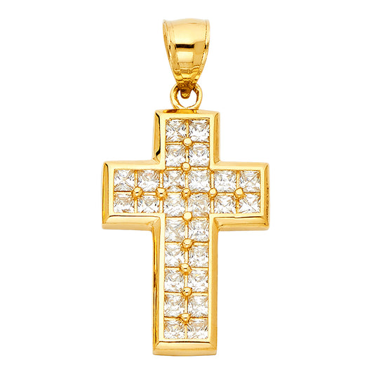14k Yellow Gold Religious CZ Cross Charm Pendant  (29mm x 20mm)