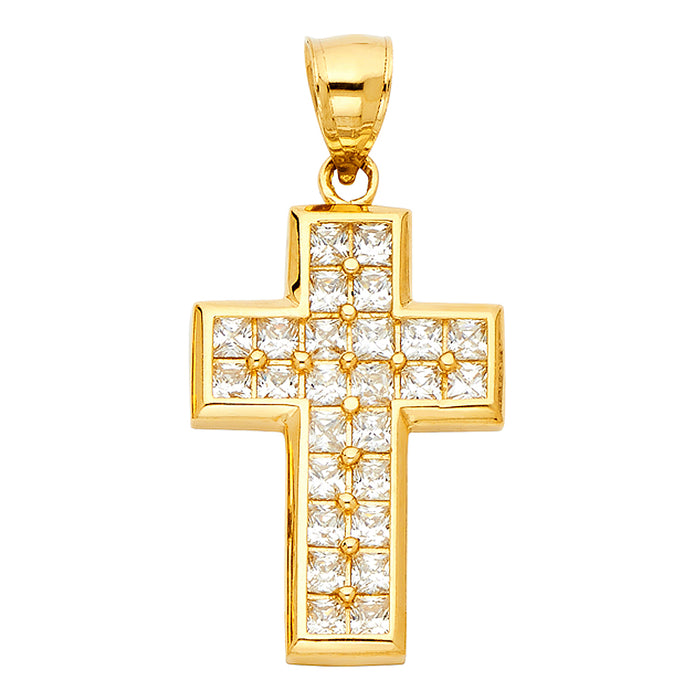 14k Yellow Gold Religious CZ Cross Charm Pendant  (29mm x 20mm)